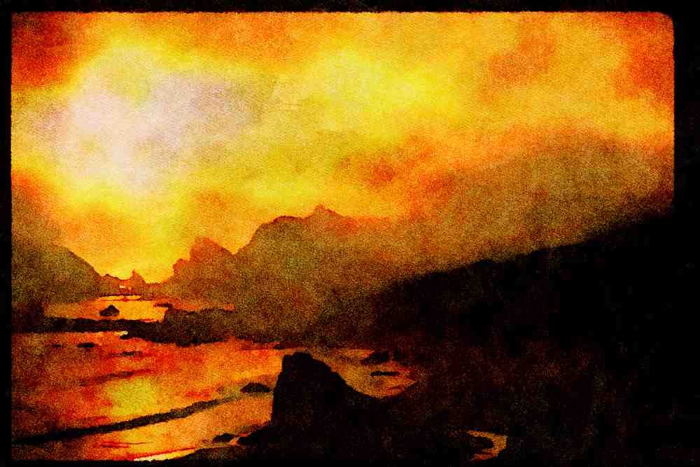 460039 Smoke And Fog At Sunset, Harris Beach, Oregon A4 Limited Edition Watercolour Print