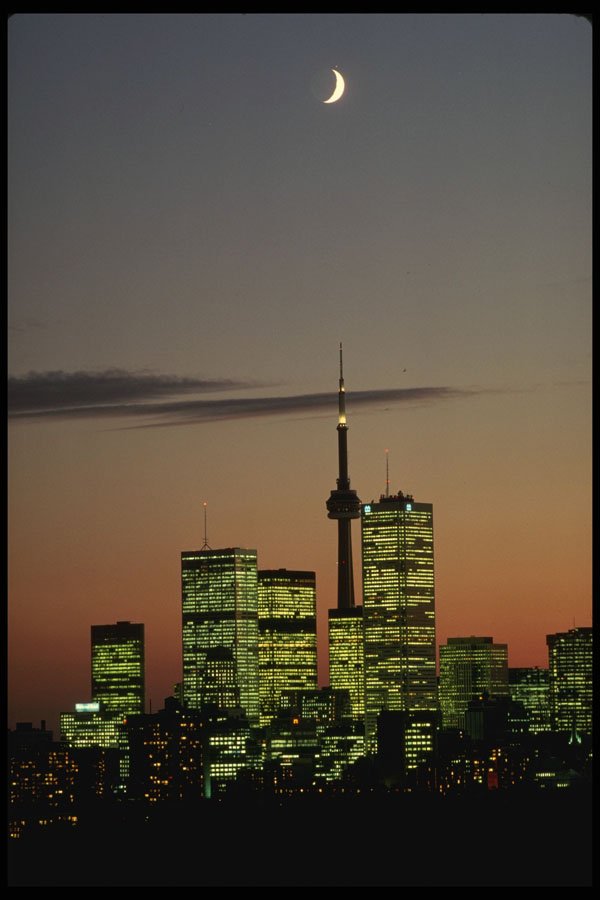 462007 Skyline With CN Tower, Rosy Afterglow And Crescent Moon A4 Photo Print