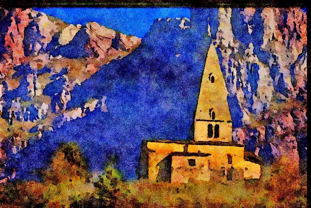 467014 Old Church Near Brig, Switzerland A4 Limited Edition Watercolour Print