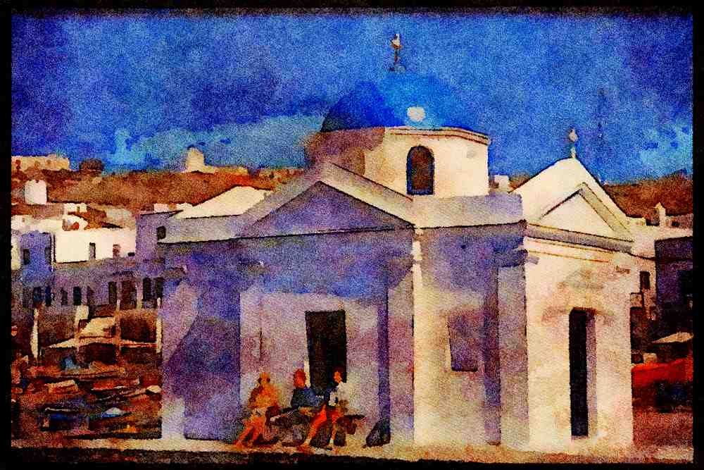467032 Church And Harbor, Mykonos, Greece A4 Limited Edition Watercolour Print