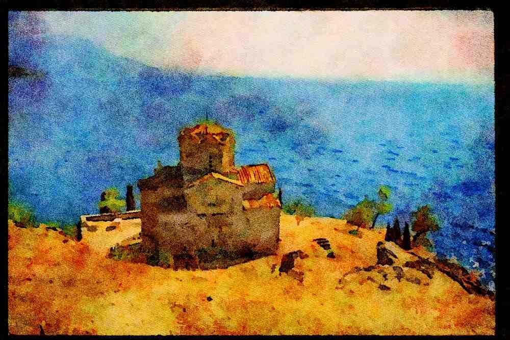 467045 Ancient Monastery, Orchid, Macedonia A4 Limited Edition Watercolour Print