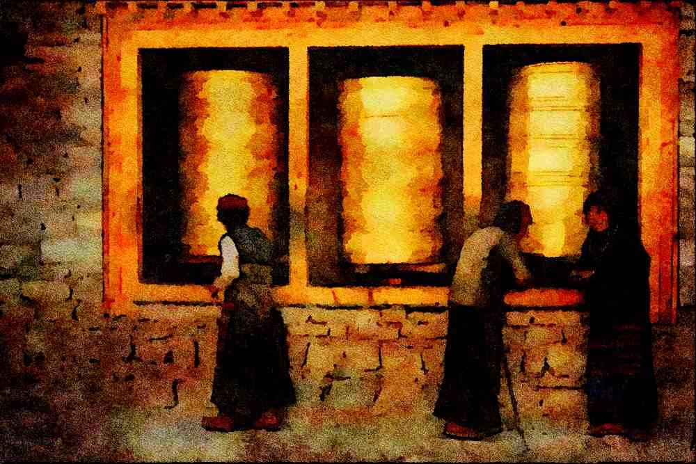 467096 Three Prayer Wheels And Pilgrims, Sakya Monastery, Tibet A4 Limited Edition Watercolour Print