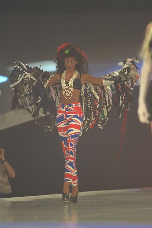 475005 Female In Union Jack Pattern Trousers And Black Bra Top A4 Photo Print