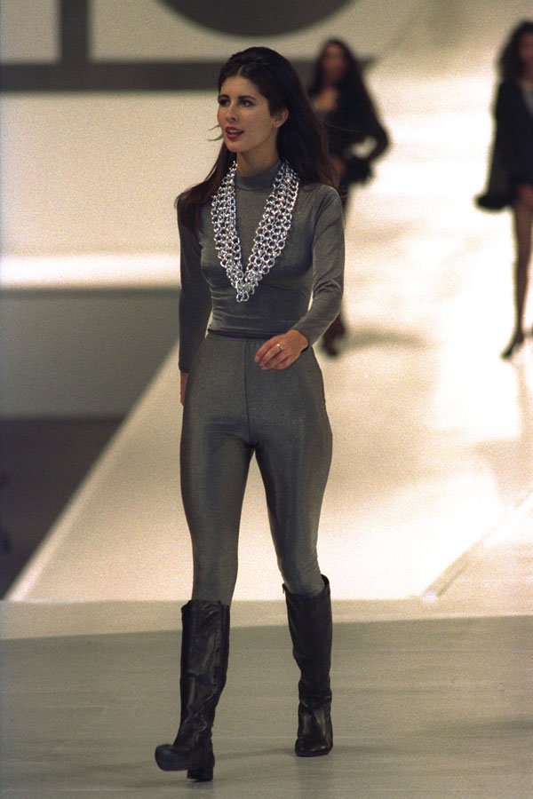 475015 Female In Tight Gray Bodysuit A4 Photo Print