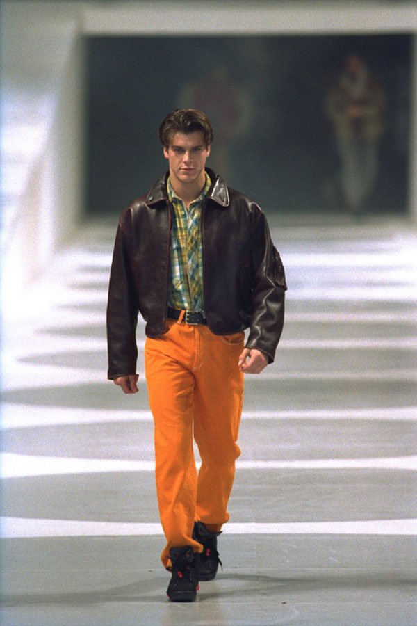 475017 Male In Peach colored Jeans And Brown Leather Jacket A4 Photo Print
