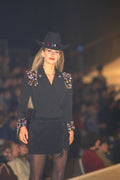 475035 Female In Cowgirl Effect Black Hat, Jacket And Miniskirt A4 Photo Print