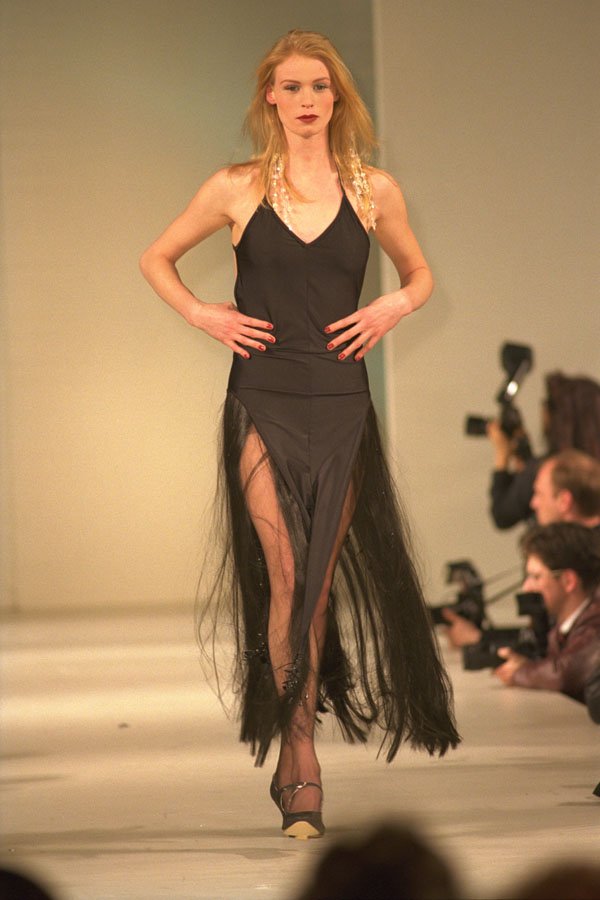 475067 Female In Long Black Dress With Stranded Effect Skirt A4 Photo Print