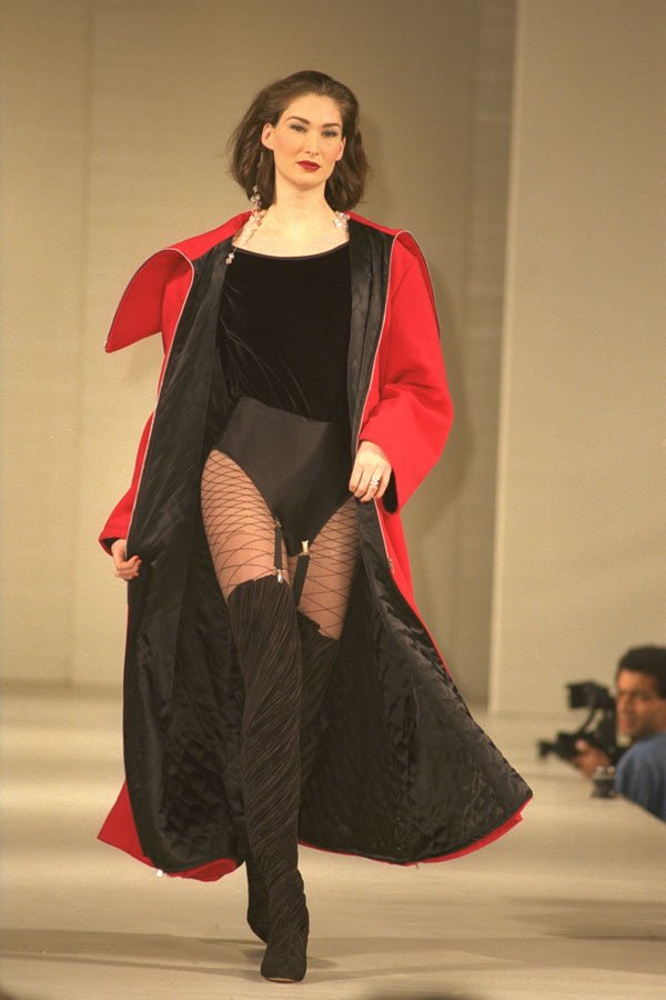 475068 Female In Black Bodysuit And Long Red Coat A4 Photo Print