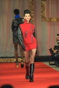 475074 Female In Red Zippered Neoprene Jacket And Miniskirt A4 Photo Print