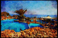 486005 Mediterranean Hotel Pool, Limassol, Cyprus A4 Limited Edition Watercolour Print
