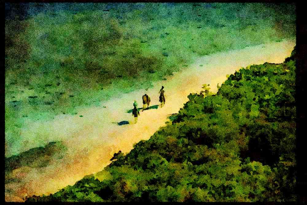 486068 Three Riders On Beach, Tortola, British Virgin Islands A4 Limited Edition Watercolour Print