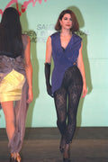 488011 Black Lace Leggings Under Long Blue Vest A4 Photo Print