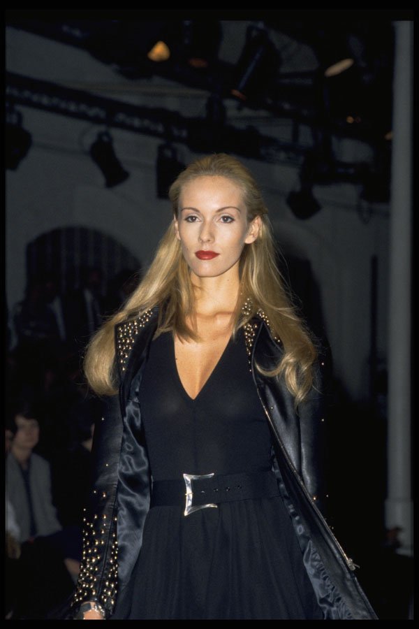 488057 Black Plunge Neck Top With Black Leather Jacket A4 Photo Print