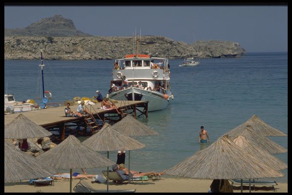 491019 Ferry Boat And Town Beach, Rhodes, Greece A4 Photo Print