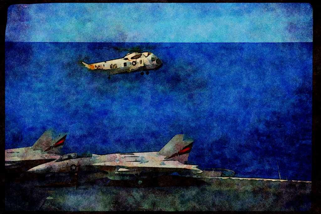 496010 SH 3 Hovers Over An F 14 On Deck A4 Limited Edition Watercolour Print