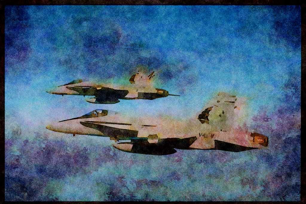 496023 Two FA 18 Hornets In Formation A4 Limited Edition Watercolour Print