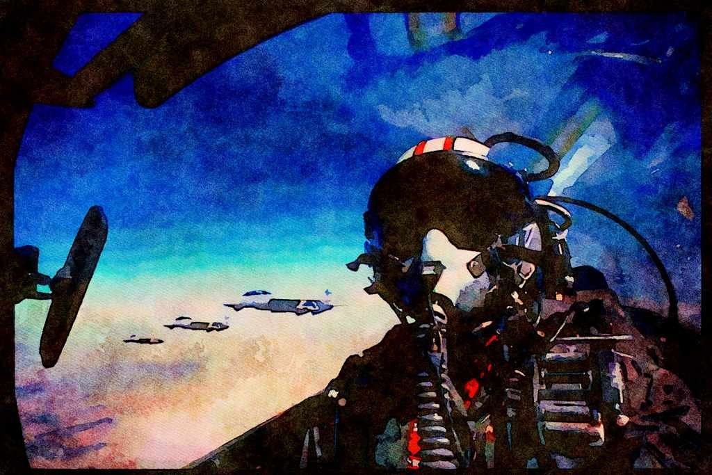 496026 F 14 Pilot With Three F 14s On Wing A4 Limited Edition Watercolour Print