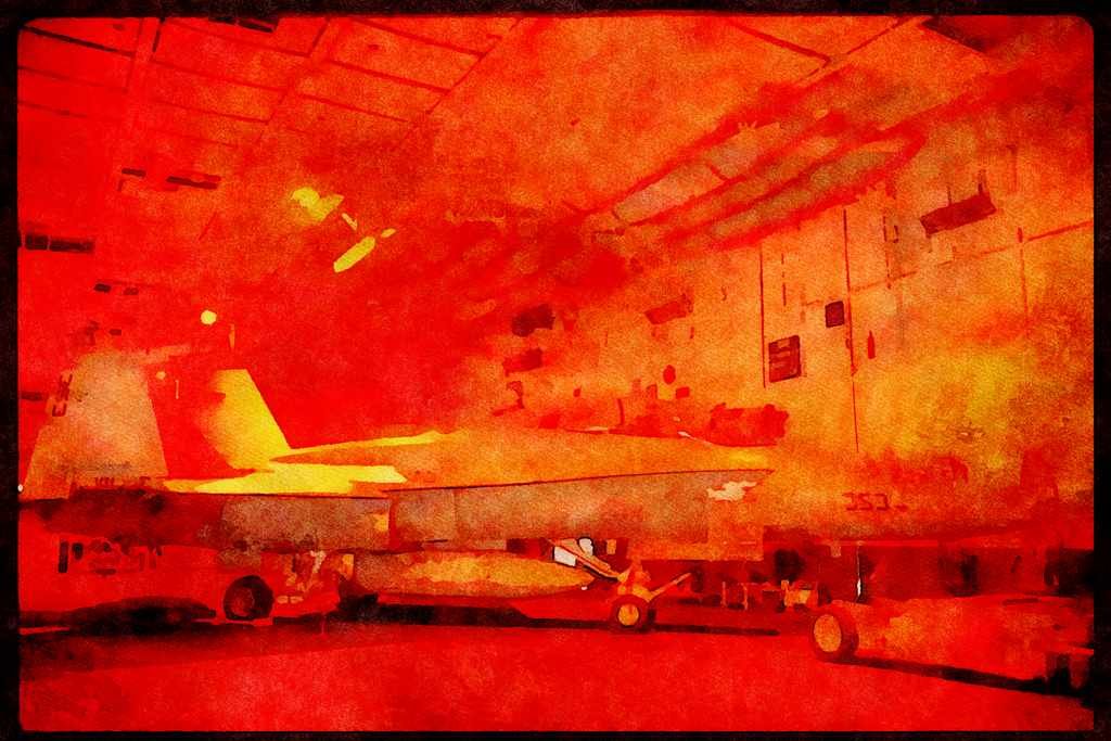 496034 FA 18 On Carrier Hangar Deck A4 Limited Edition Watercolour Print