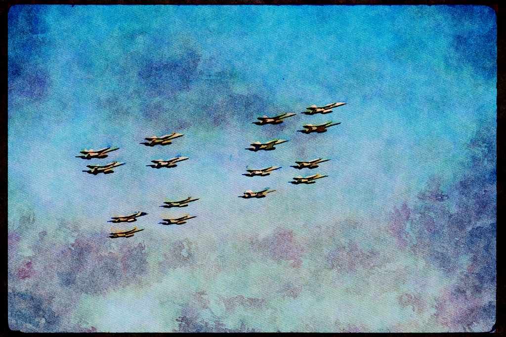496055 Sixteen FA 18 Hornets Fly By Carriers In Formation A4 Limited Edition Watercolour Print