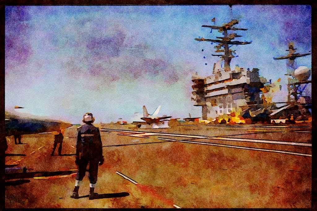 496057 FA 18 Touches Down On The Deck Of The U.S. Nimitz A4 Limited Edition Watercolour Print