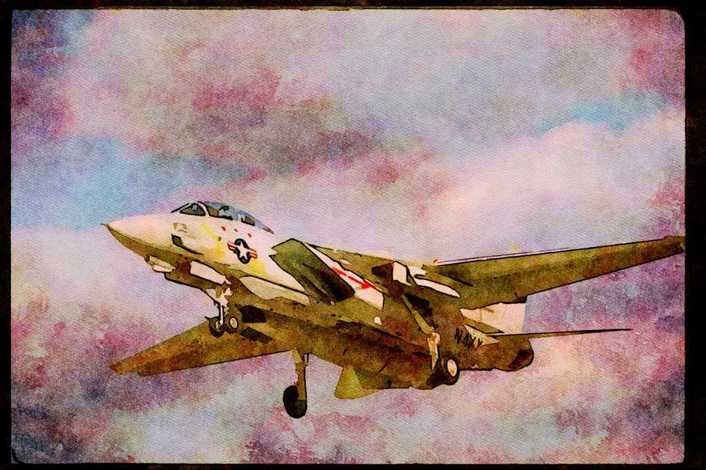 496067 F 14 Tomcat On Final Approach To The Carrier A4 Limited Edition Watercolour Print