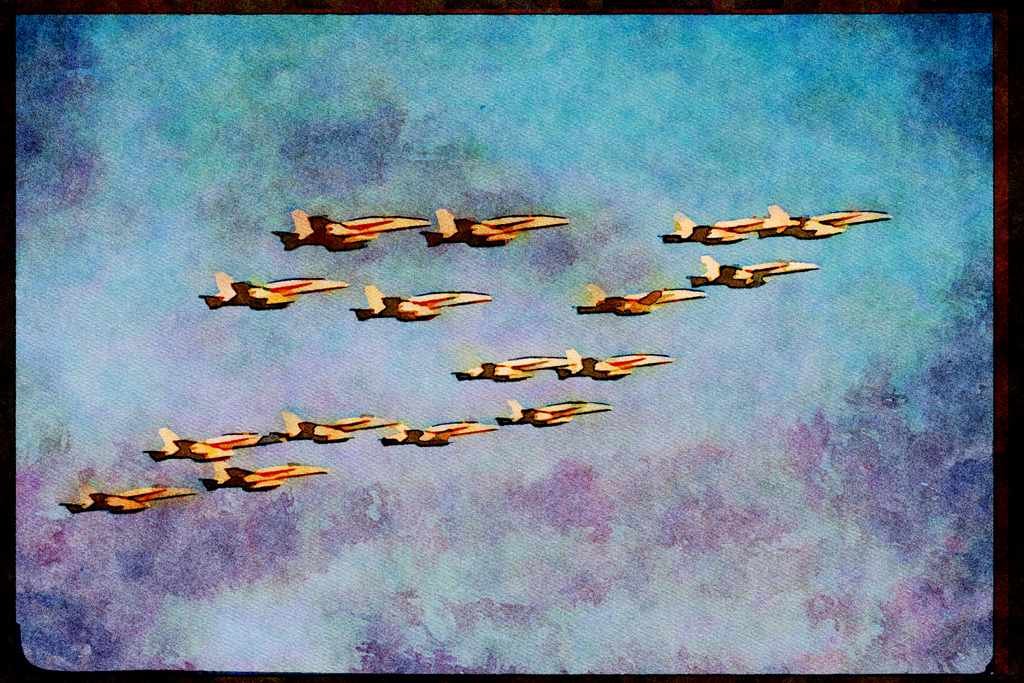 496070 Sixteen FA 18 Hornets Fly By Carrier In Formation A4 Limited Edition Watercolour Print