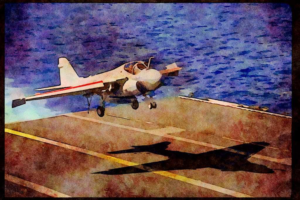 496071 A 6 Intruder About To Land On Carrier A4 Limited Edition Watercolour Print