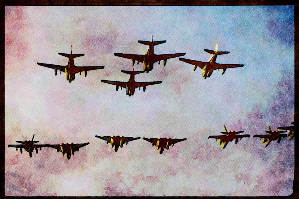 496074 F 14s, A 6s And F 18s Fly Overhead A4 Limited Edition Watercolour Print