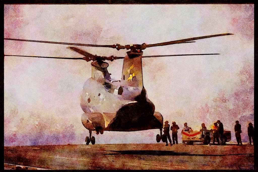 496091 CH 46 Sea Knight Lands On The Deck A4 Limited Edition Watercolour Print