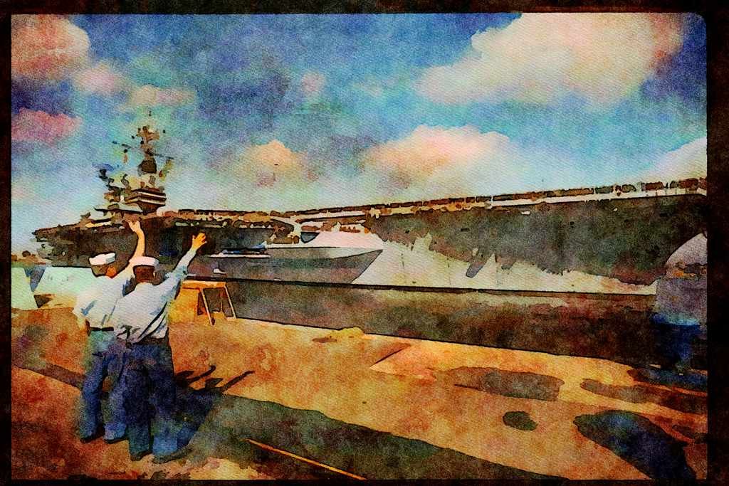 496099 Two Sailors Greet The USS Ranger As It Docks In San Diego A4 Limited Edition Watercolour Print