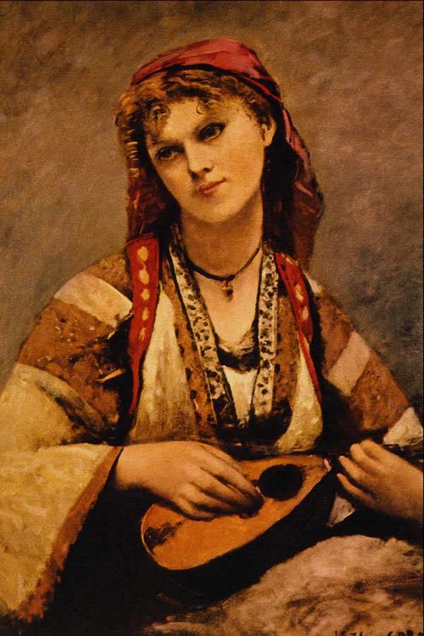 498060 Gypsy With A Mandolin , Jean Baptiste Camille Corot A4 Photo Print