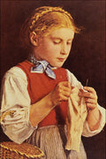 498073 Young Girl Knitting , Albert Anker A4 Photo Print