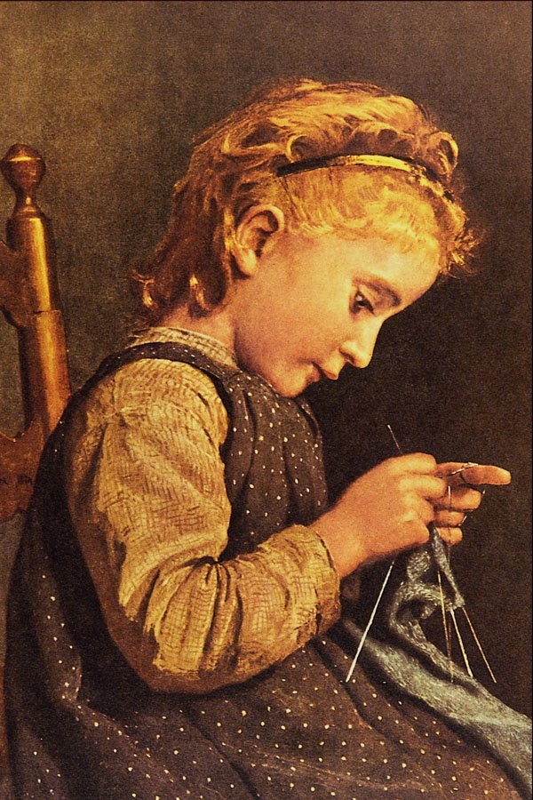 498075 Little Girl Knitting , Albert Anker A4 Photo Print