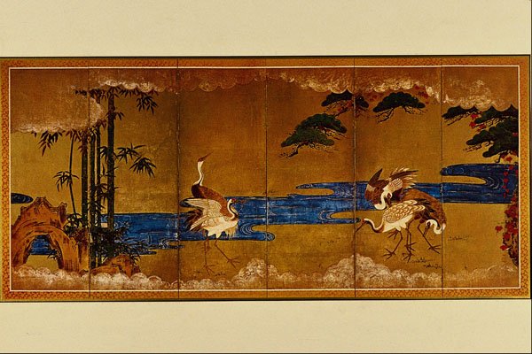 500072 Cranes Near A River On Golden Background , Unknown Artist A4 Photo Print