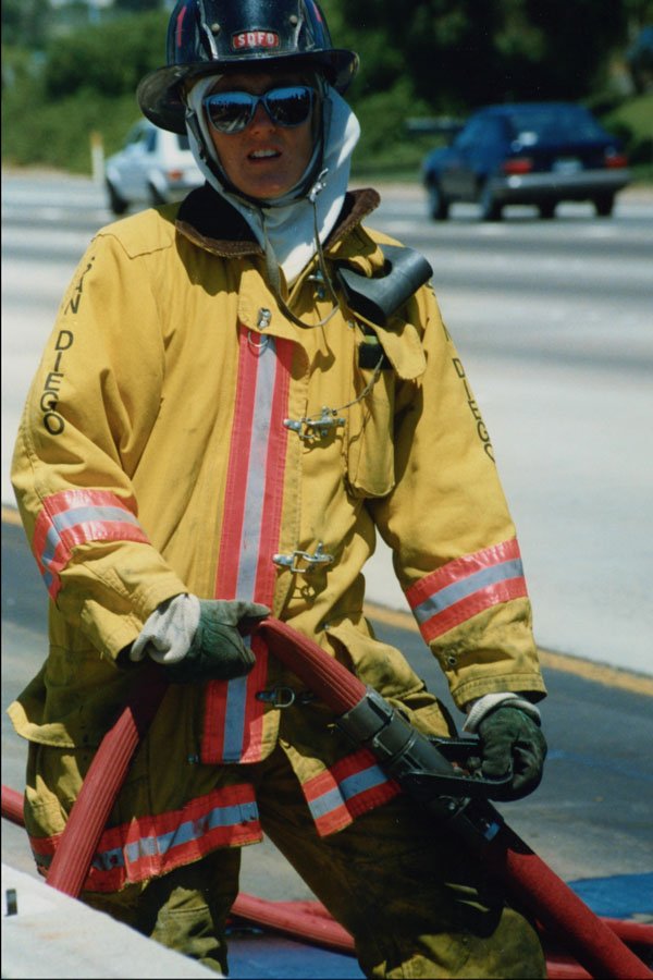 505013 Fire Fighter Standing By With Hose, Freeway Plane Crash A4 Photo Print