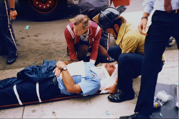 505025 Injured Fire Fighter, Ambulance Versus Fire Engine A4 Photo Print