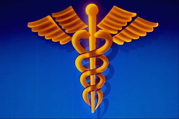 520006 Gold Caduceus Over Blue Medical Background A4 Photo Print