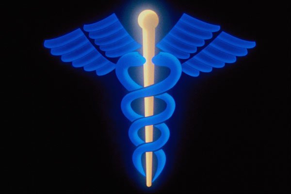 520016 Blue And White Caduceus Over Black Background A4 Photo Print