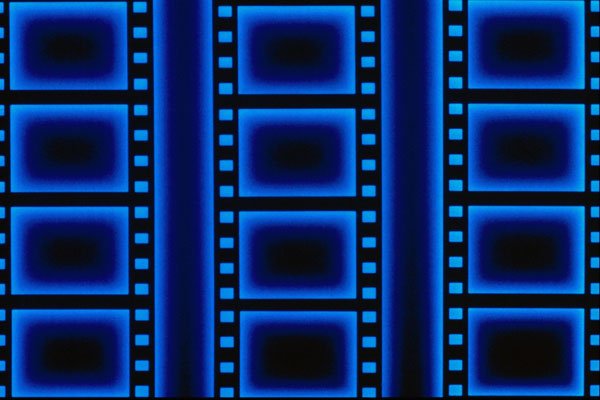 520091 Vertical Blue Filmstrips Over Black Background A4 Photo Print