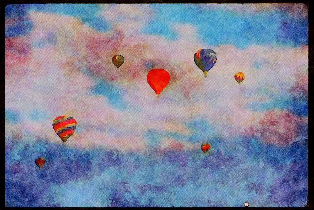 528000 Balloon Group In Flight A4 Limited Edition Watercolour Print