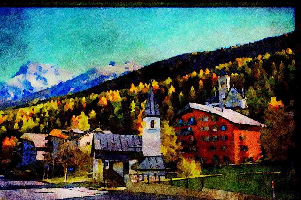547007 Village Of Scuol, Switzerland A4 Limited Edition Watercolour Print