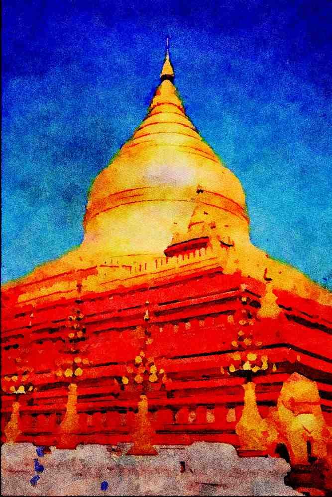 551098 Shwezigon Pagoda, Bagan, Myanmar, Burma A4 Limited Edition Watercolour Print