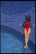 553040 Woman In Red Swimsuit And Black Hat In The Pool A4 Photo Print