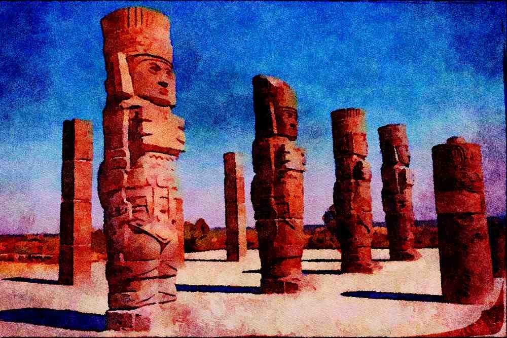 555046 Giant Toltec Figures, Tula, Mexico A4 Limited Edition Watercolour Print