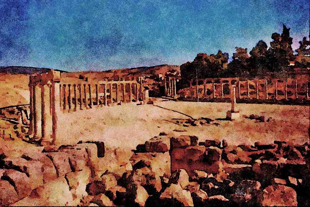 555059 Ionic Columns In The Forum, Jerash, Jordan A4 Limited Edition Watercolour Print