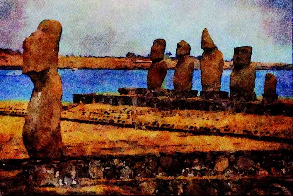 555067 Tahai Next To Hanga Roa Village, Easter Island A4 Limited Edition Watercolour Print