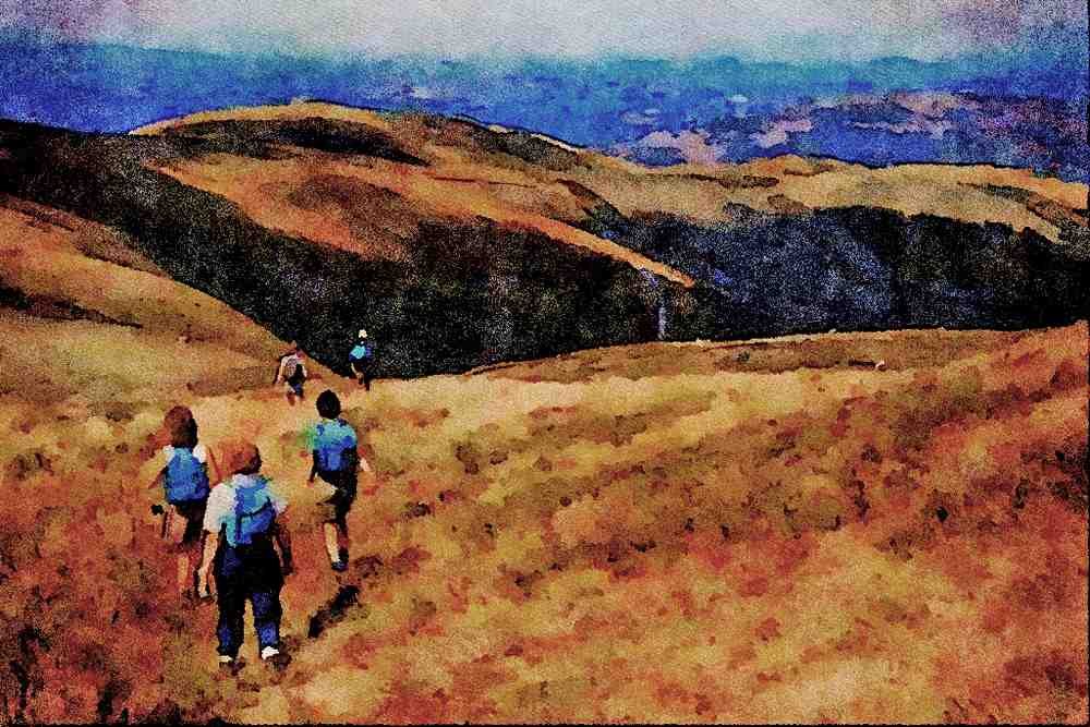 557003 Walkers In Welsh Hills, Bala Area, Wales A4 Limited Edition Watercolour Print