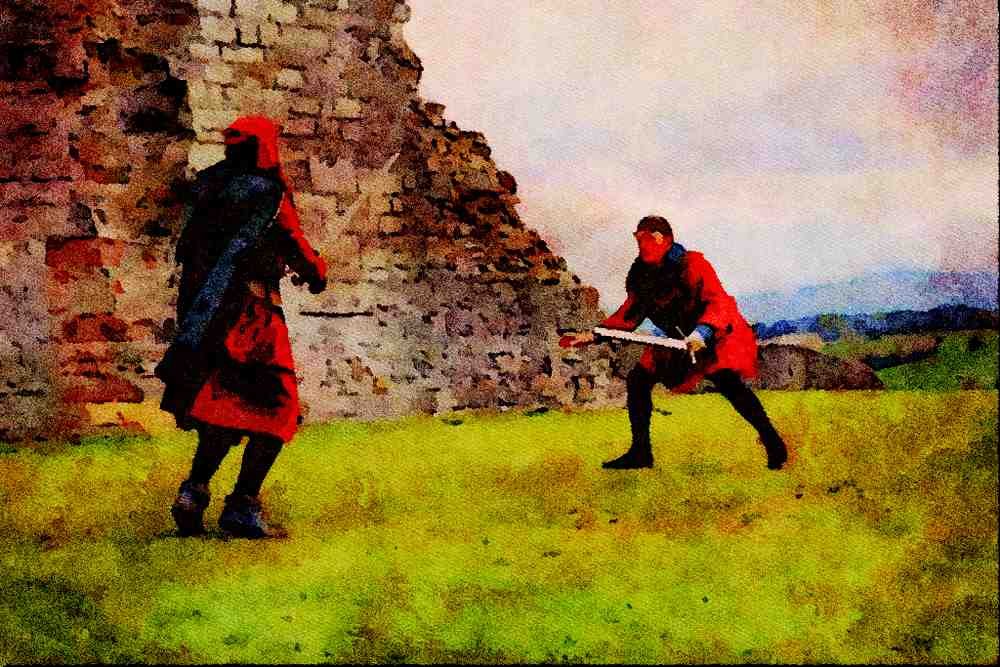 557007 Men In 14th century Costume, Dendigh Castle, Wales A4 Limited Edition Watercolour Print