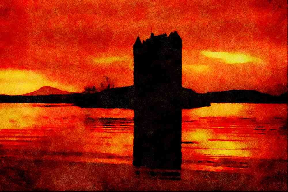557059 Sunset, Castle Stalker, Scotland A4 Limited Edition Watercolour Print