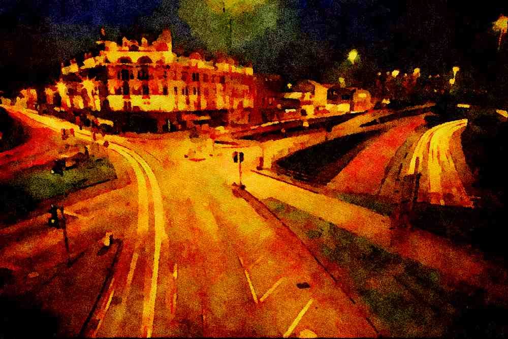 557060 Charing Cross, Glasgow At Night, Scotland A4 Limited Edition Watercolour Print